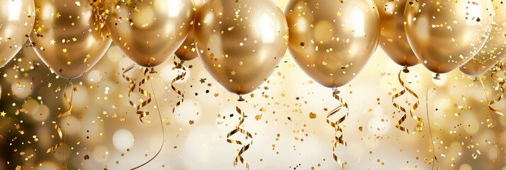 Birthday party banner: Gold balloons, confetti, and swirling ribbons for festive events.