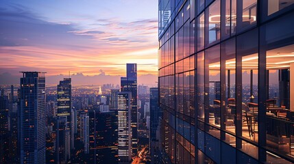 A cityscape at dusk with many skyscrapers and a purple sky