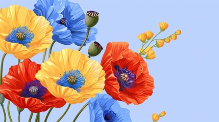 Obraz premium Vibrant bouquet of multicolored poppies on a blue background