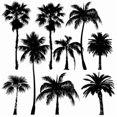 Black palm trees set isolated on white