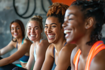 Fitness, laughing and friends at the gym for training, Black pilates class for active healthy lifestyle. exercise in a group for a workout, cardio or yoga in a studio 
