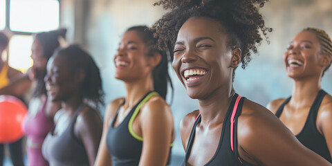 Fitness, laughing and friends at the gym for training, diverse pilates class for active healthy lifestyle. exercise in a group for a workout, cardio or yoga in a studio 