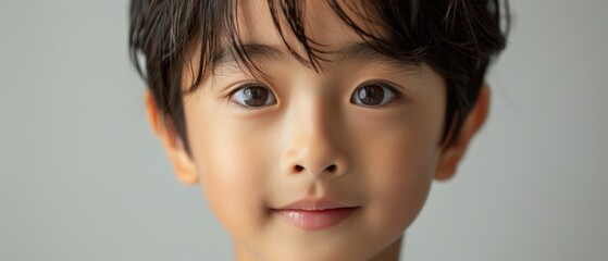 Close-up portrait of a smiling young boy with dark hair and bright eyes, looking directly at the camera against a neutral background.