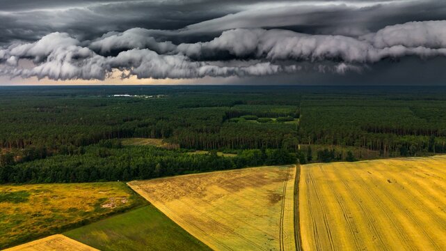 Dramatic view of an incoming storm over a vast expanse of plains, with dark clouds rolling