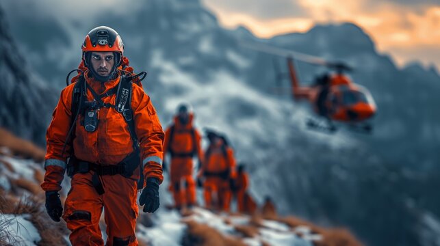 rescue team carrying out a helicopter rescue of an injured person in the mountain 