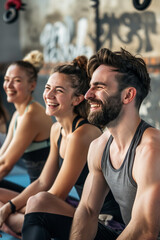 Fitness, laughing and friends at the gym for training, pilates class for active healthy lifestyle. exercise in a group for a workout, cardio or yoga in a studio 