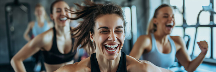 Fitness, laughing and friends at the gym for training, pilates class for active healthy lifestyle. exercise in a group for a workout, cardio or yoga in a studio 