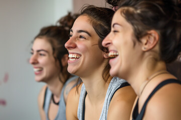 Fitness, laughing and friends at the gym for training, pilates class for active healthy lifestyle. exercise in a group for a workout, cardio or yoga in a studio 