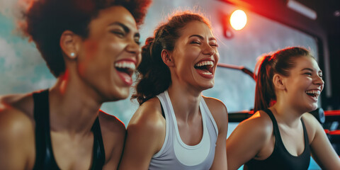 Fitness, laughing and friends at the gym for training, pilates class for active healthy lifestyle. exercise in a group for a workout, cardio or yoga in a studio 