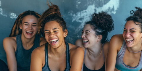 Fototapeta premium Fitness, laughing and friends at the gym for training, pilates class for active healthy lifestyle. exercise in a group for a workout, cardio or yoga in a studio 