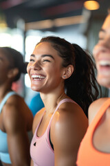 Fitness, laughing and friends at the gym for training, pilates class for active healthy lifestyle. exercise in a group for a workout, cardio or yoga in a studio 