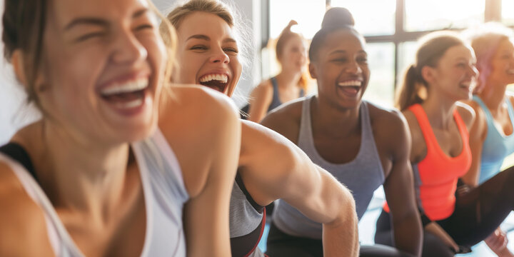 Fitness, laughing and friends at the gym for training, pilates class for active healthy lifestyle. exercise in a group for a workout, cardio or yoga in a studio 