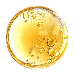 Light yellow essence oil, liquid gel, polymer material, round shape, high gloss,  isolated on white background