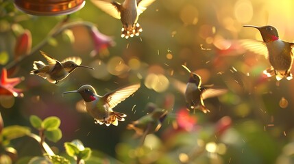 Sweet baby hummingbirds hovering around a feeder, their tiny bodies and rapid wingbeats captured in a delightful moment.