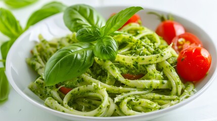 fresh homemade pesto pasta salad with tomatoes and basil