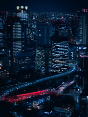 Aerial view of a bustling city illuminated by the bright lights of the tall skyscrapers. Japan
