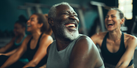 Fitness, laughing and friends at the gym for training, black seniors pilates class for active retirement lifestyle. exercise in a group for a workout, cardio or yoga in a studio 
