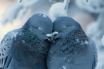 Two doves pigeons sit on a branch and hug, winter snow