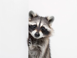 Peekaboo raccoon peering from behind wall