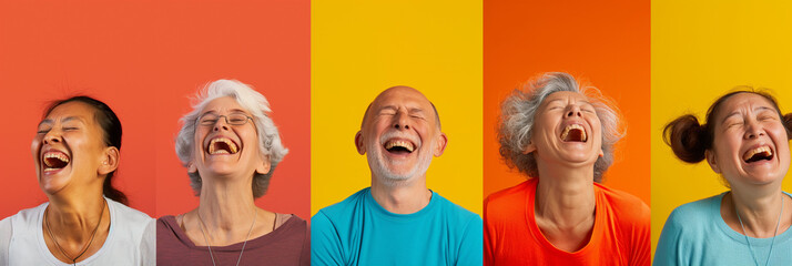 Fitness, laughing and friends at the gym for training, seniors pilates class for active retirement lifestyle. exercise in a group for a workout, cardio or yoga in a studio 