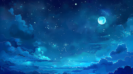 Starry night sky over a serene mountainous landscape with a bright moon and galactic backdrop