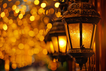 Traditional Lanterns Illuminated Against a Golden Bokeh Background 