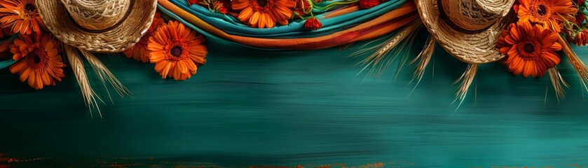 The image shows a rustic wooden background with a straw hat, dried orange flowers and green leaves at the top.