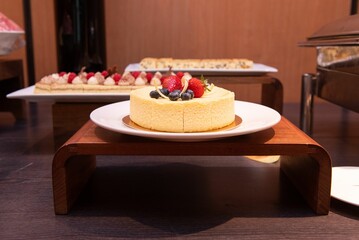 Closeup of delicious cheesecakes at a banquet