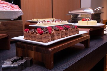 Closeup of delicious chocolate cakes at a banquet