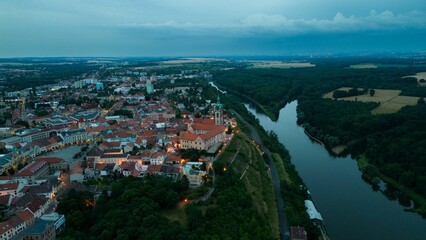 Aerial view of the Vltava River meandering through the city of Melnik in the Czech Republic.