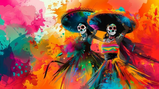Two Calaveras Catrinas, traditional Mexican skeletons, in a vibrant and colorful background.