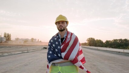 Portrait of American worker, builder on site