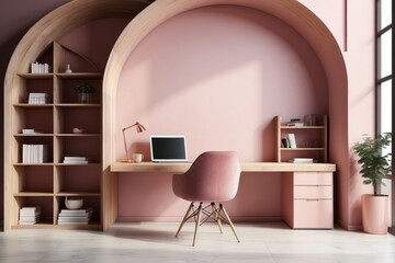 Modern Rose Granium And Wood Study Room Design With Wall Arch