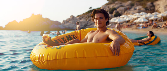 A young man sits in a large yellow inflatable tube, floating on the vawy surface of the sea....