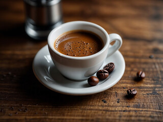 Fototapeta premium Rustic Coffee Ritual: Freshly Brewed Espresso Keywords: