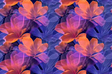 Abstract seamless pattern with translucent flowers in shades of orange and purple on a dark background, ideal for modern decoration and textile design, creating an ethereal and colorful tile ornament