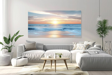 Tranquil beach sunset canvas, great for a master bedroom or spalike bathroom, with soothing colors and the calm of the ocean horizon promoting relaxation and peace 