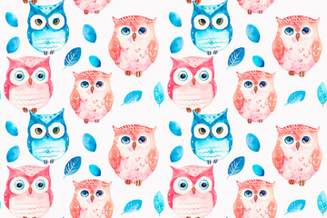 Cute owl pattern with blue and pink owls and blue leaves on a white background. Seamless design for children's products, nursery decor, and playful projects, with ample copy space.