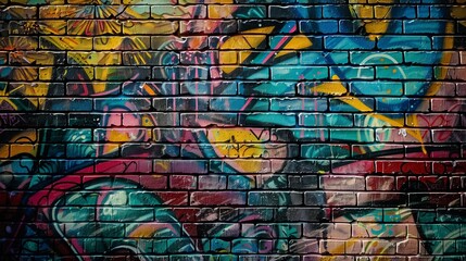 This image showcases a brick wall covered in intricate spray paint art, embodying the raw and expressive nature of street art. The vivid colors and striking designs create a powerful visual impact.