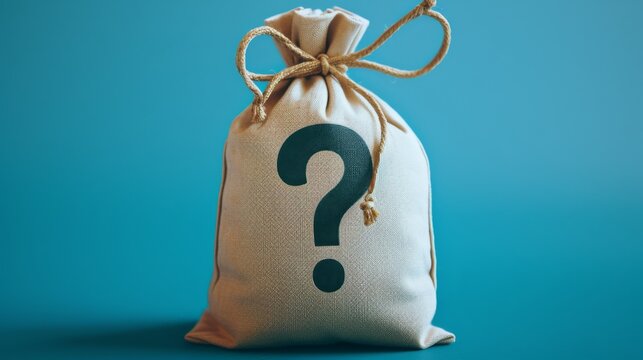 A beige canvas bag tightly closed with a rope, featuring a large black question mark, set against a vivid blue background.
