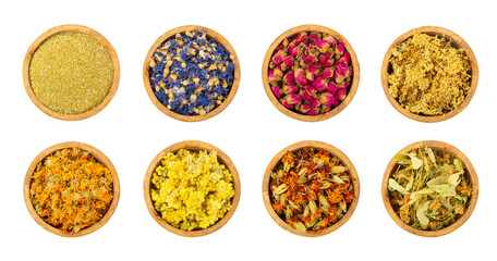 Assortment of dry herbal and berry tea isolated on a white background. Tea party concept. medicinal herbs. Healing herbs.Alternative medicine.Linden, calendula, cornflowers, marigold, tansy, tea rose.