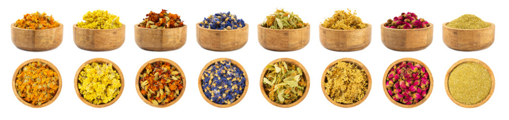Assortment of dry herbal and berry tea isolated on a white background. Tea party concept. medicinal herbs. Healing herbs.Alternative medicine.Linden, calendula, cornflowers, marigold, tansy, tea rose.