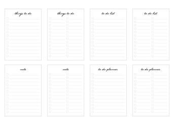 To do list, planner, notes pages bullet journal. Organizer schedule pages with to do list for today for effective planning. A4 pages.