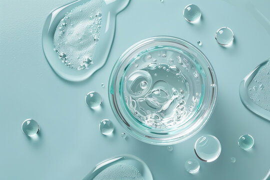 Gel Texture. Blue Transparent Cosmetic Gel Primer with Splash and Bubbles. Anti Aging Hydro Serum. Hydrate Hyaluronic Acid Moisturizer. Clear Drop of Liquid Foundation Blob. Makeup Product. Closeup