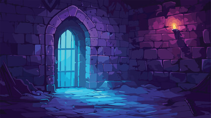 Abandoned castle dungeon room with light on wall. Dar
