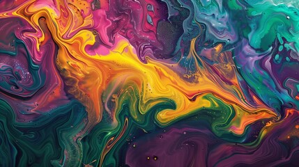 Vibrant liquid paint swirls creating an abstract texture with rich colors and intricate patterns. 