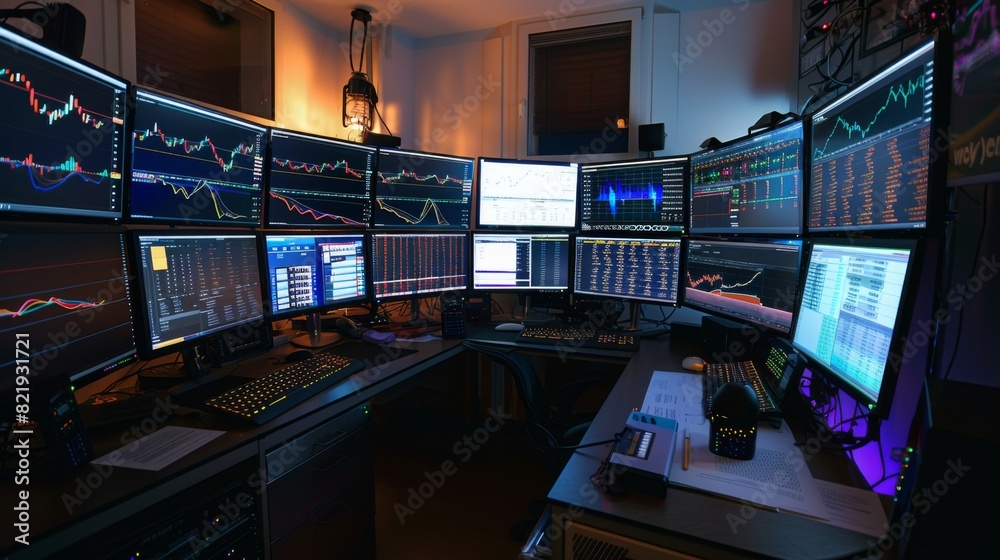Fototapete trader's desk with multiple monitors showing real-time financial charts and news updates.