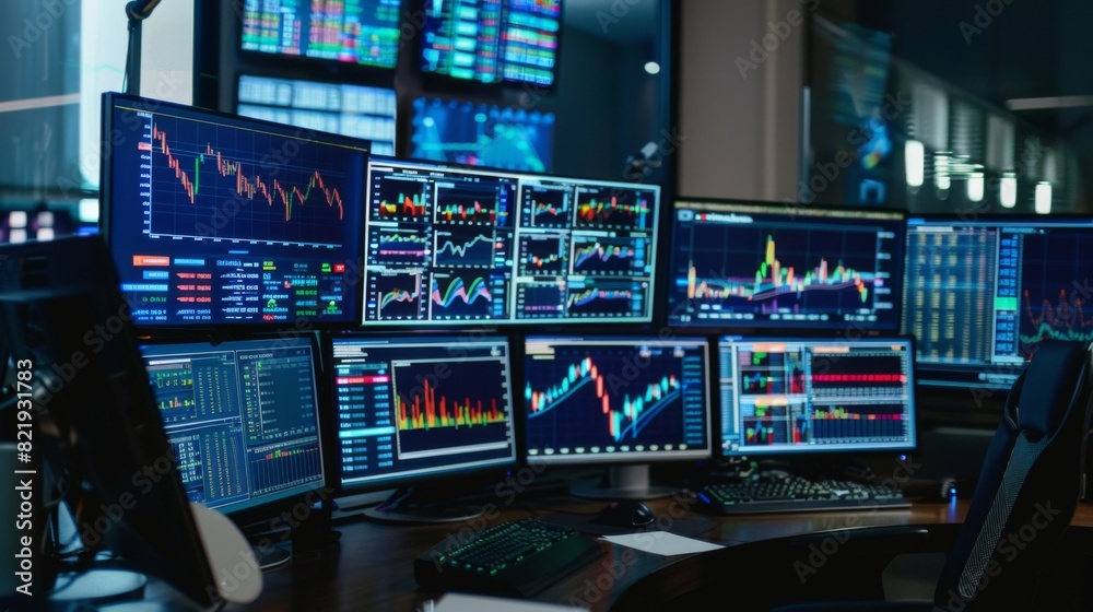 Fototapete trader's desk with multiple monitors showing real-time financial charts and news updates.