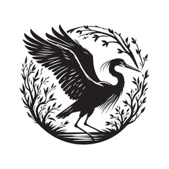 Heron Silhouette: Elegant Black Vector Art Capturing the Grace and Poise of These Majestic Wetland Birds - Heron Vector - Heron Illustration.