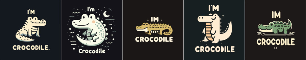 vector set of crocodiles with text im crocodile. t shirt design concept. black background